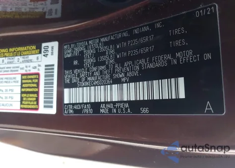 2021 Toyota Sienna Le z USA, uszkodzony, nr VIN 5TDKRKEC4MS020364